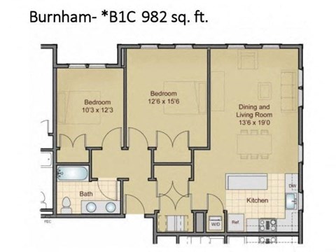 Floor plan for 2 beds, 1 bath, 982 sqft